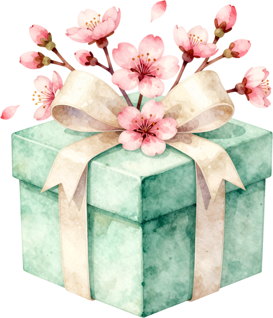 Cherry Blossom Gift watercolor PNG illustration, an elegant mint green box adorned with delicate pink blooms for spring events