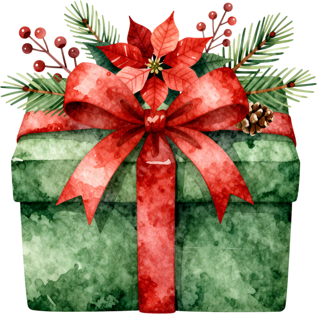 Christmas Gift Box watercolor PNG illustration, festive green with classic red ribbon and poinsettia for holiday greetings