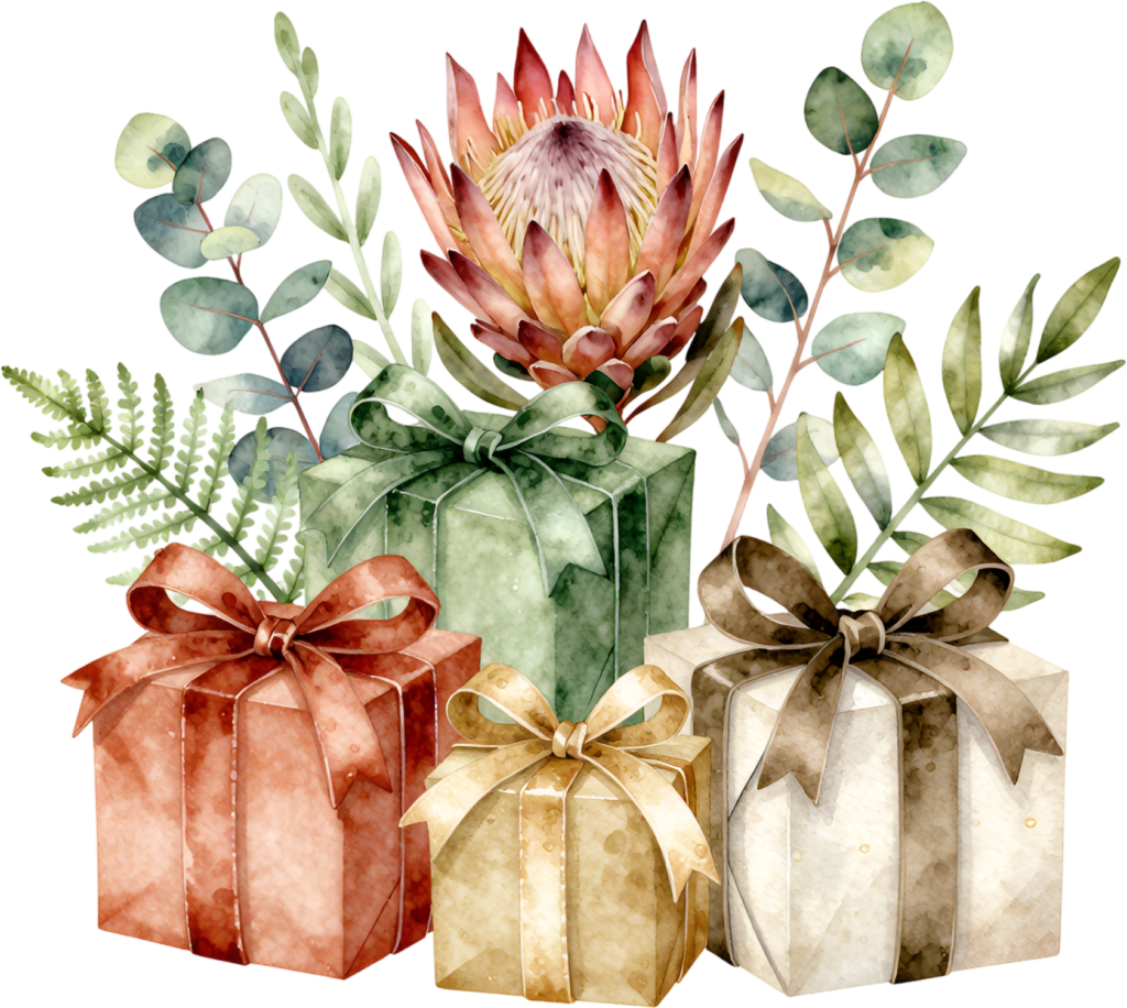 Rustic Gift Collection watercolor PNG illustration, featuring earthy tones and protea flower for bohemian event styling