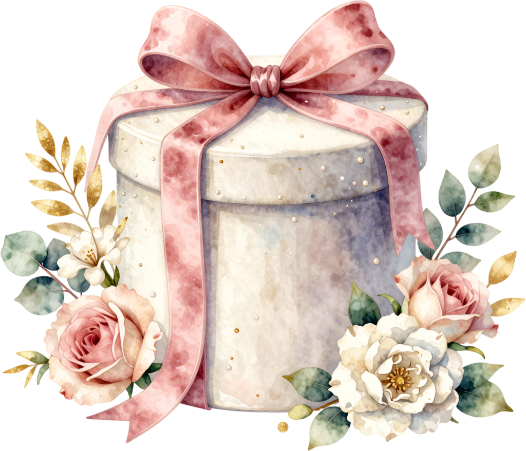 Round Floral Gift box watercolor PNG illustration, elegantly adorned with roses and subtle gold for sophisticated celebrations