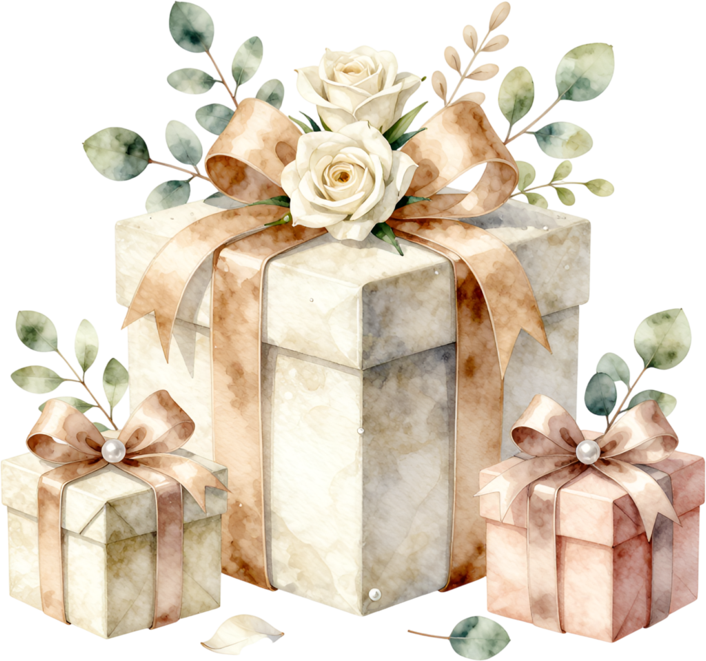 Pearl Embellished Gifts watercolor PNG illustration, a luxurious set of presents with white roses for elegant anniversary designs