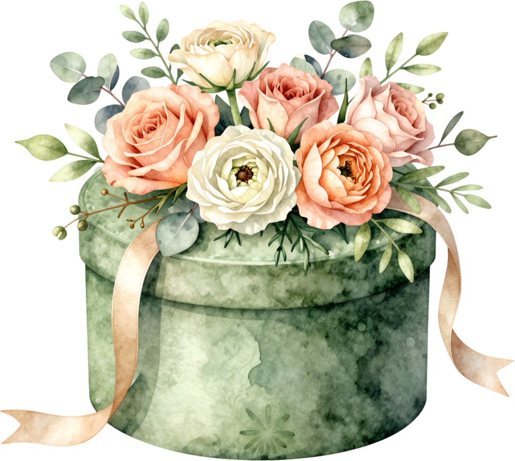 Floral Hat Box Gift watercolor PNG illustration, a mint green box topped with a beautiful bouquet for charming event decor