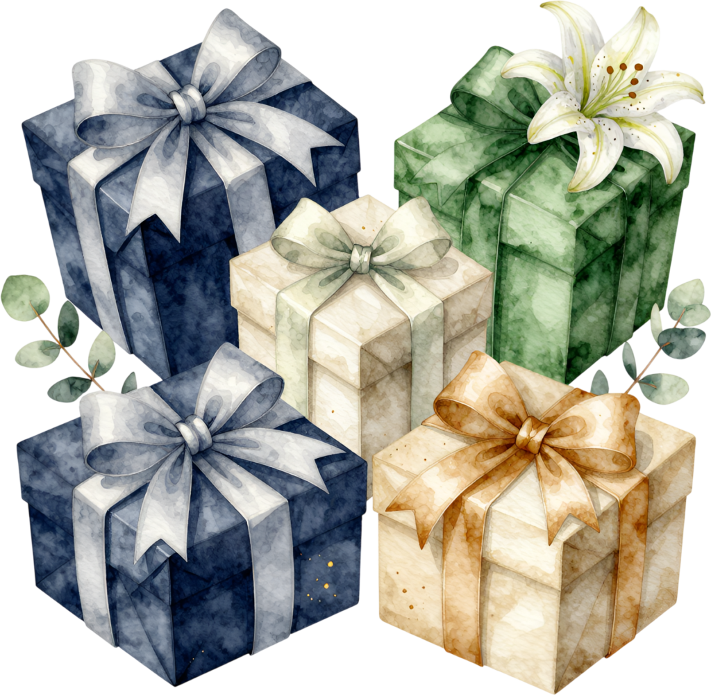Assorted Color Boxes watercolor PNG illustration, a diverse mix of presents perfect for versatile celebratory themes and crafts