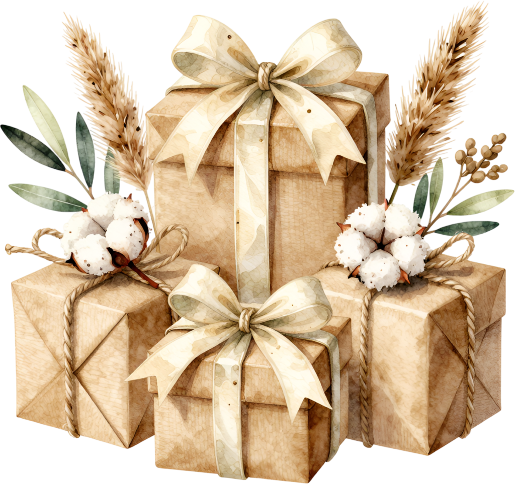 Kraft Paper Gifts watercolor PNG illustration, featuring rustic cotton and wheat elements for eco-friendly event themes