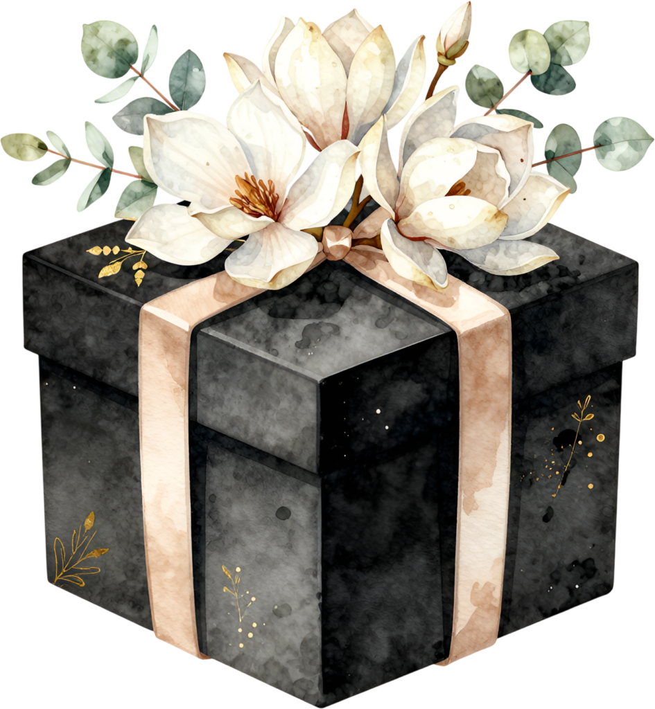 Black Gift Box watercolor PNG illustration, elegant with white magnolias and gold accents for sophisticated evening events