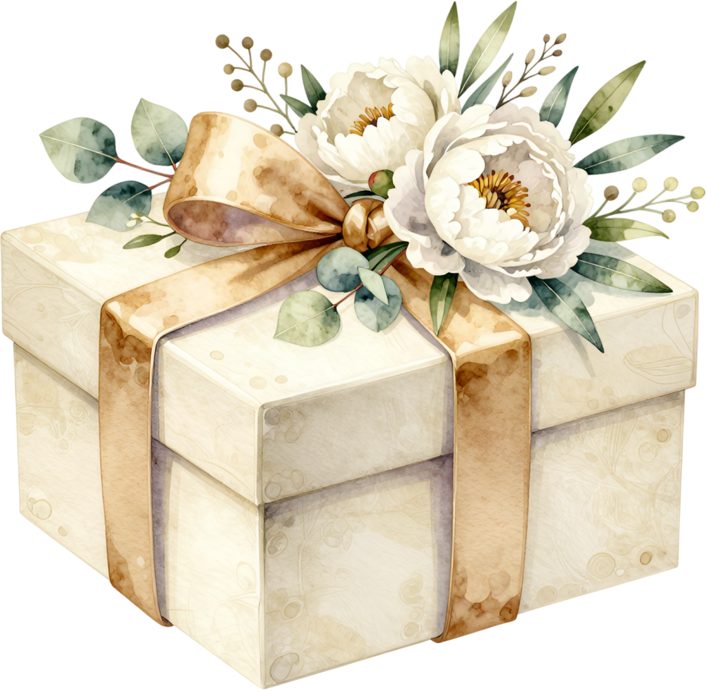 Peony Gift Box watercolor PNG illustration, a pristine white box with a gold ribbon and lush white peonies for pure elegance