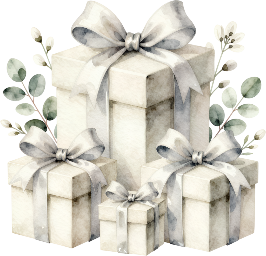 White Gift Boxes watercolor PNG illustration set, featuring silver ribbons for clean, modern wedding and event designs
