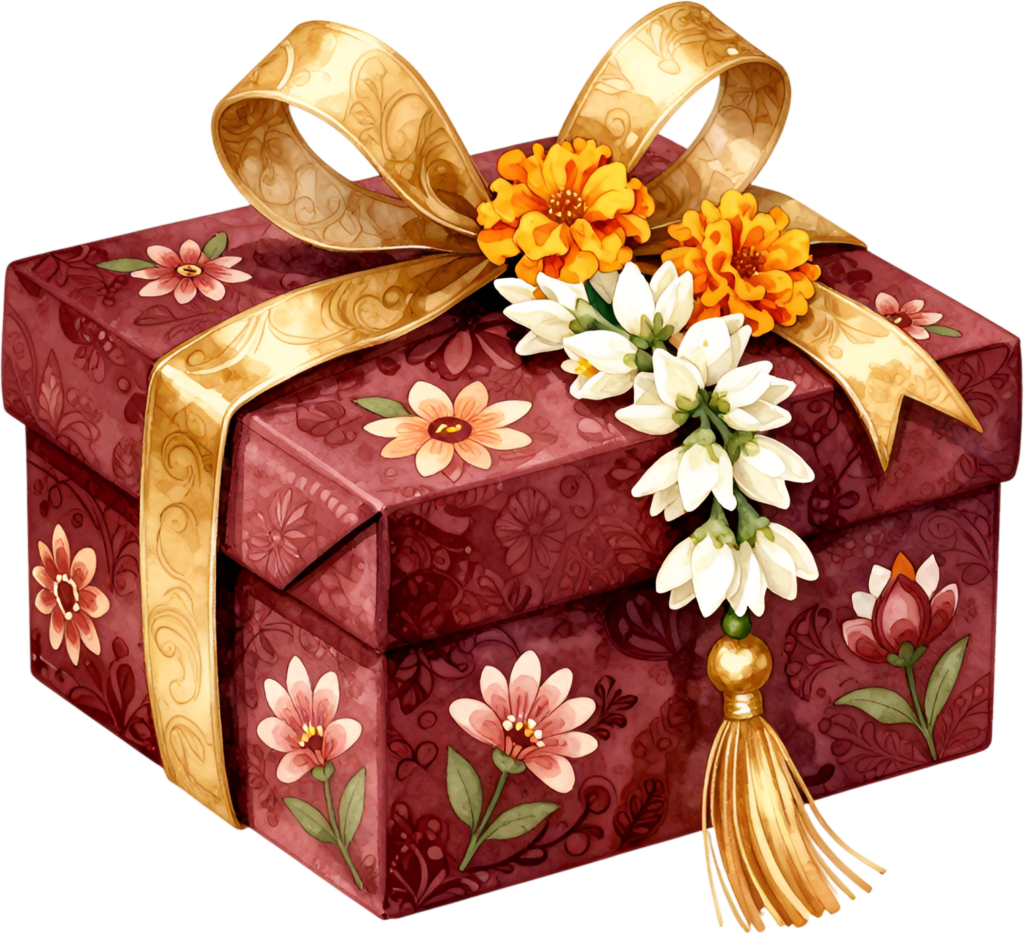 Traditional Gift Box watercolor PNG illustration, a richly patterned red box with a gold garland for cultural celebrations