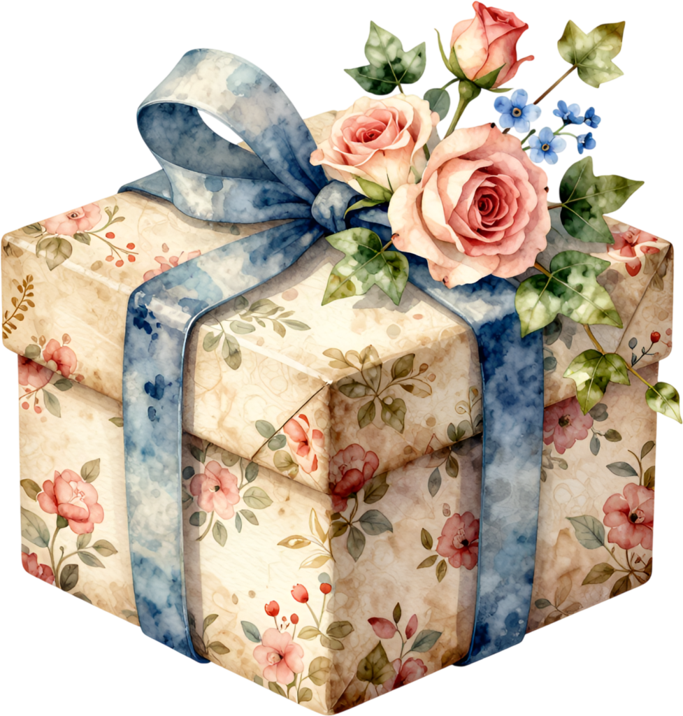 Floral Wrapped Gifts watercolor PNG illustration, featuring vintage rose patterns and a blue ribbon for charming romantic themes