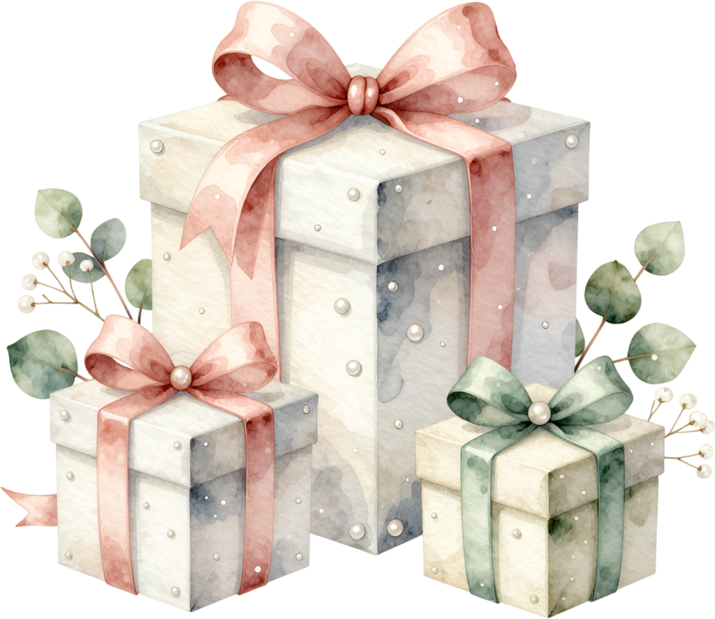 Pearl Dot Gifts watercolor PNG illustration set, featuring subtle pearl details and pastel ribbons for soft, elegant event graphics