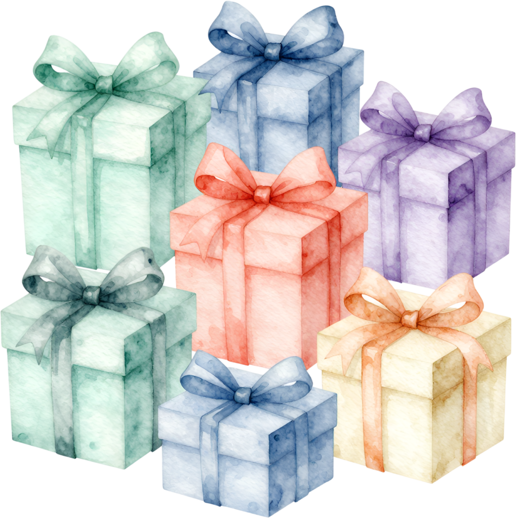 Rainbow Gift Boxes watercolor PNG illustration, a spectrum of pastel presents for joyful, colorful celebration projects