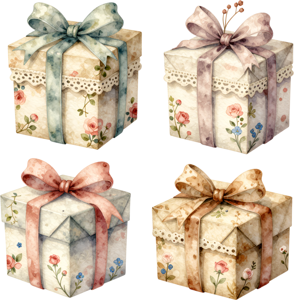Vintage Gift Boxes watercolor PNG illustrations, showcasing charming floral patterns and lace for nostalgic scrapbooking designs