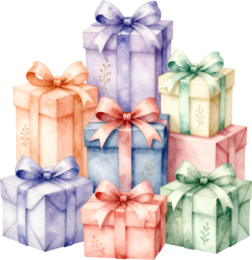 Tall Gift Stack watercolor PNG illustration, a colorful arrangement of presents for grand birthday or holiday announcements