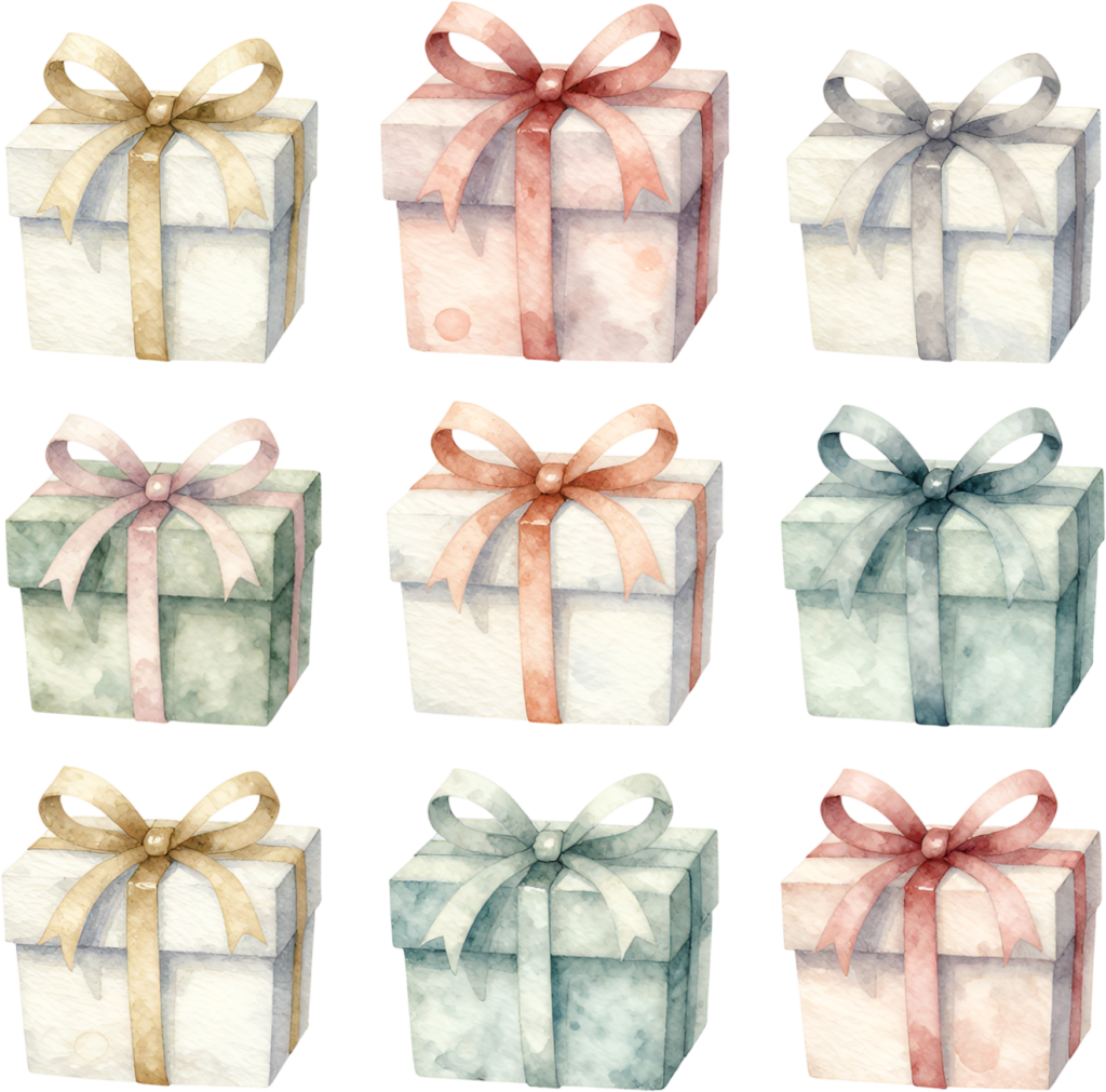 Subtle Gift Boxes watercolor PNG illustration set, offering muted pastel tones for elegant wedding or minimalist event stationery