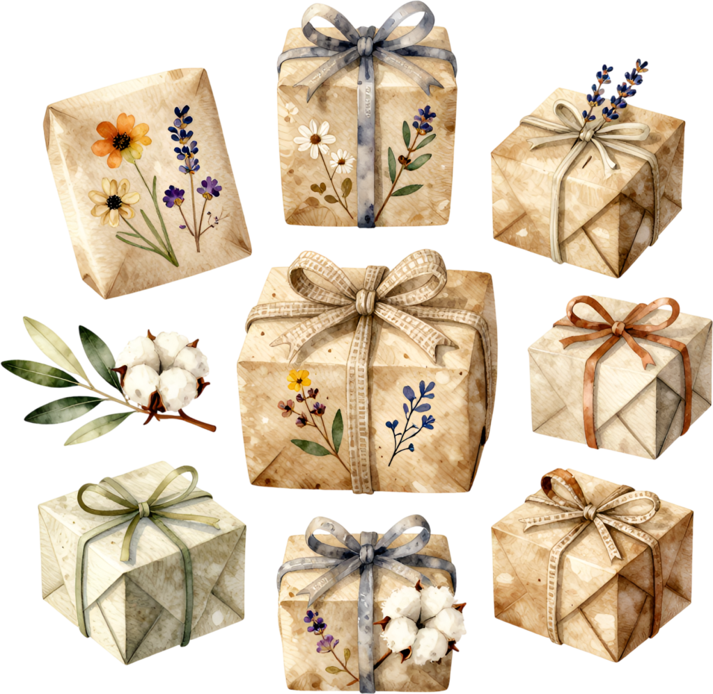 Rustic Floral Gifts watercolor PNG illustrations, featuring kraft paper boxes with wildflowers for natural, farmhouse-style decor