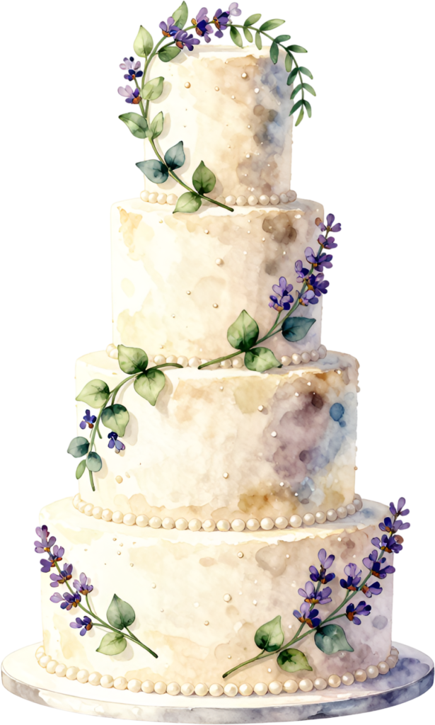 Four-tier lavender wedding cake design, an elegant watercolor PNG clipart asset for celebrations