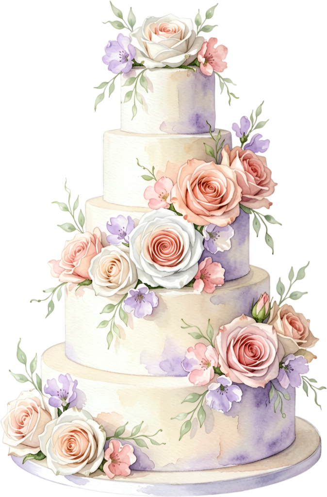 Five-tier rose wedding cake adorned with pastel florals, a stunning PNG clipart illustration
