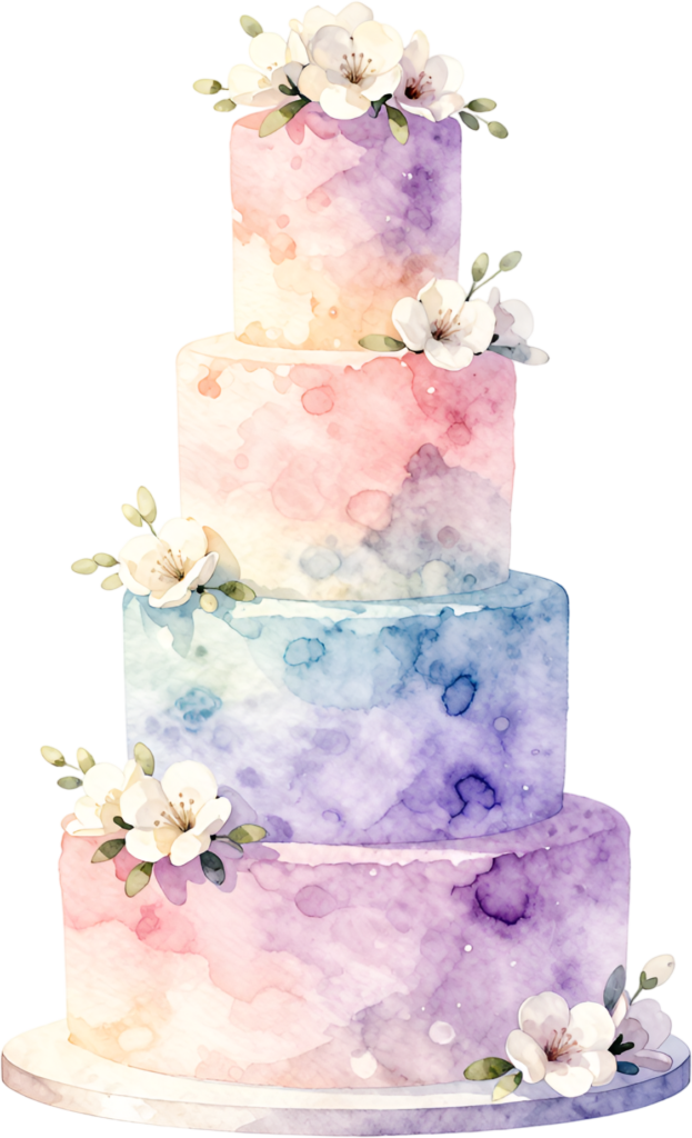 Ombre watercolor wedding cake, a vibrant four-tier design, perfect PNG clipart for parties