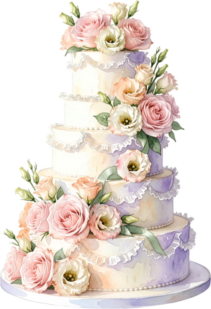 Ruffled five-tier wedding cake with cascading peach and pink roses, a lovely PNG clipart image