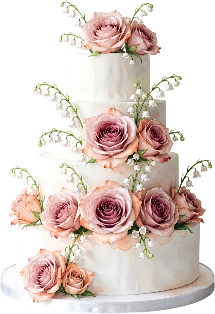 Dusty pink rose wedding cake, a charming four-tier watercolor PNG clipart for events