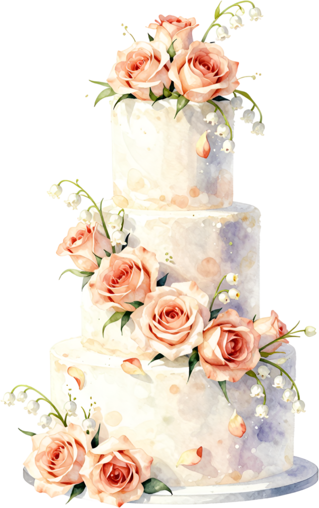 Peach rose three-tier wedding cake with lily of the valley, a beautiful PNG clipart asset
