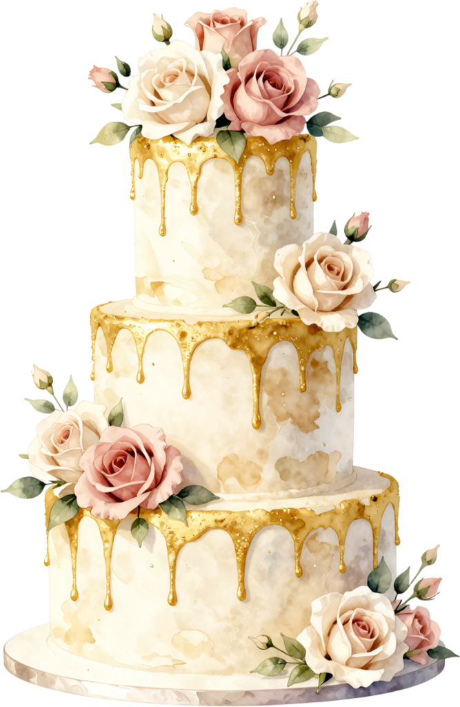 Gold drip three-tier wedding cake with blush roses, a luxurious watercolor PNG clipart design