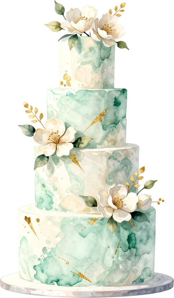 Mint green abstract wedding cake, a four-tier gold flecked PNG clipart for modern events