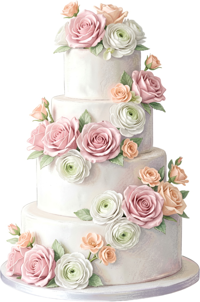 Cascading rose five-tier wedding cake, a lovely white and pink watercolor PNG clipart for nuptials