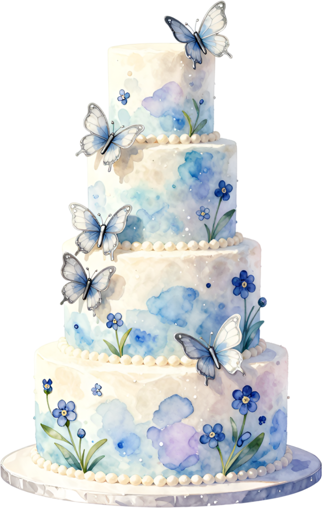 Blue butterfly five-tier wedding cake with forget-me-nots, a whimsical PNG clipart for events