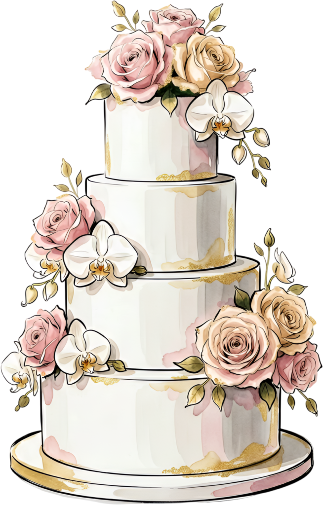 Orchid and rose four-tier wedding cake, an artistic gold accented PNG clipart illustration