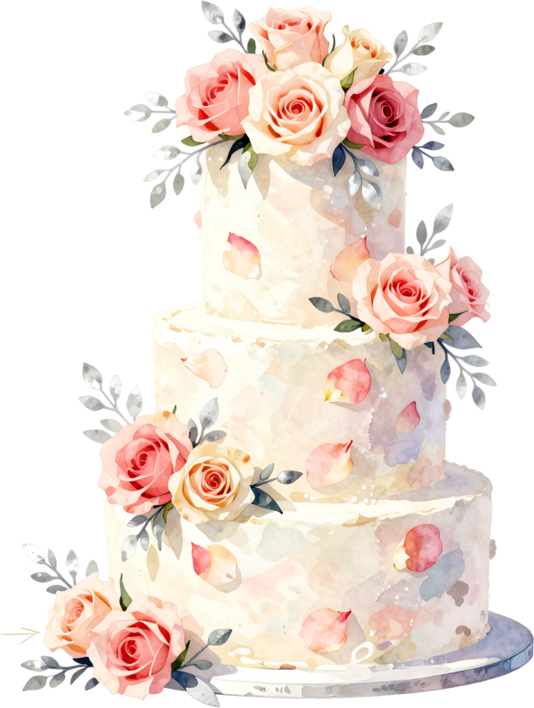Pink rose three-tier wedding cake with silver foliage, a romantic watercolor PNG clipart design
