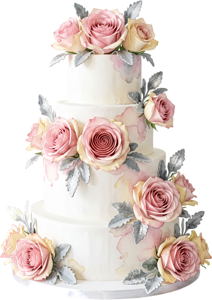 Grand pink rose four-tier wedding cake with silver leaves, a magnificent PNG clipart image