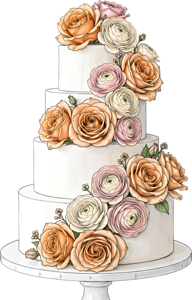 Orange and pink ranunculus four-tier wedding cake, a vibrant watercolor PNG clipart for celebrations