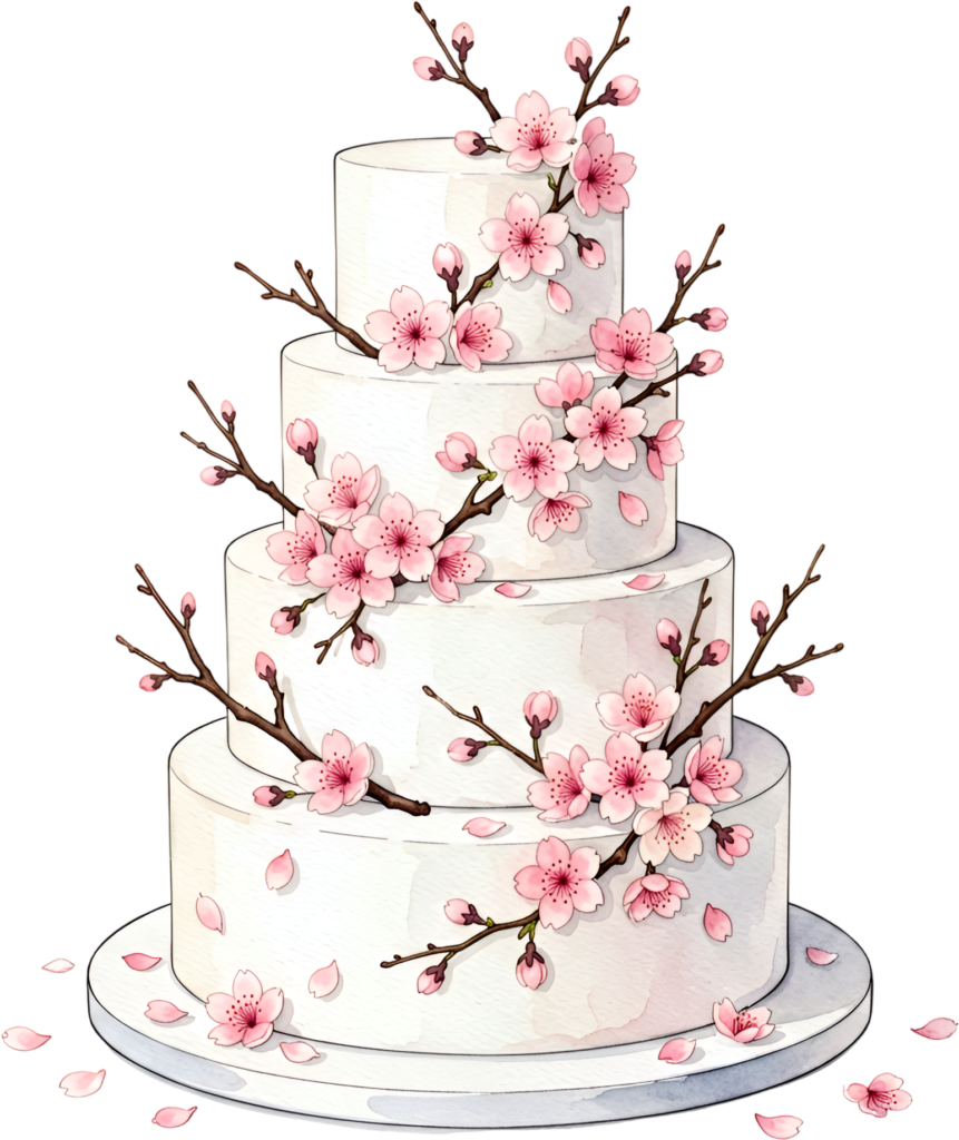 Cherry blossom four-tier wedding cake, a delightful pink floral PNG clipart for spring events