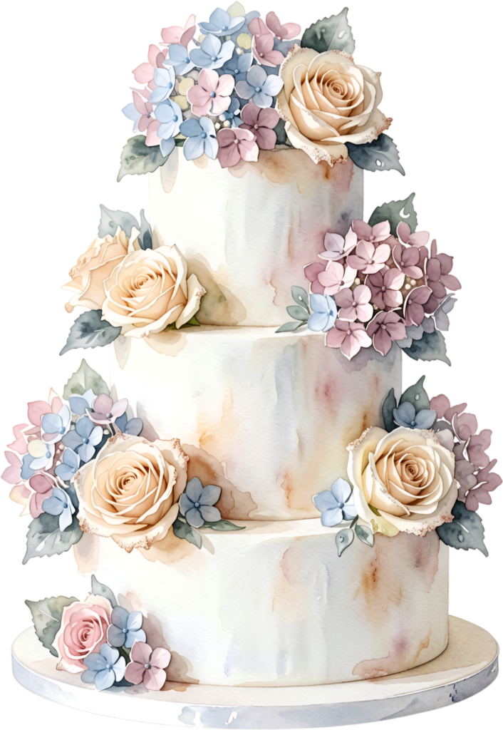Hydrangea and rose three-tier wedding cake, a charming watercolor PNG clipart for garden themes