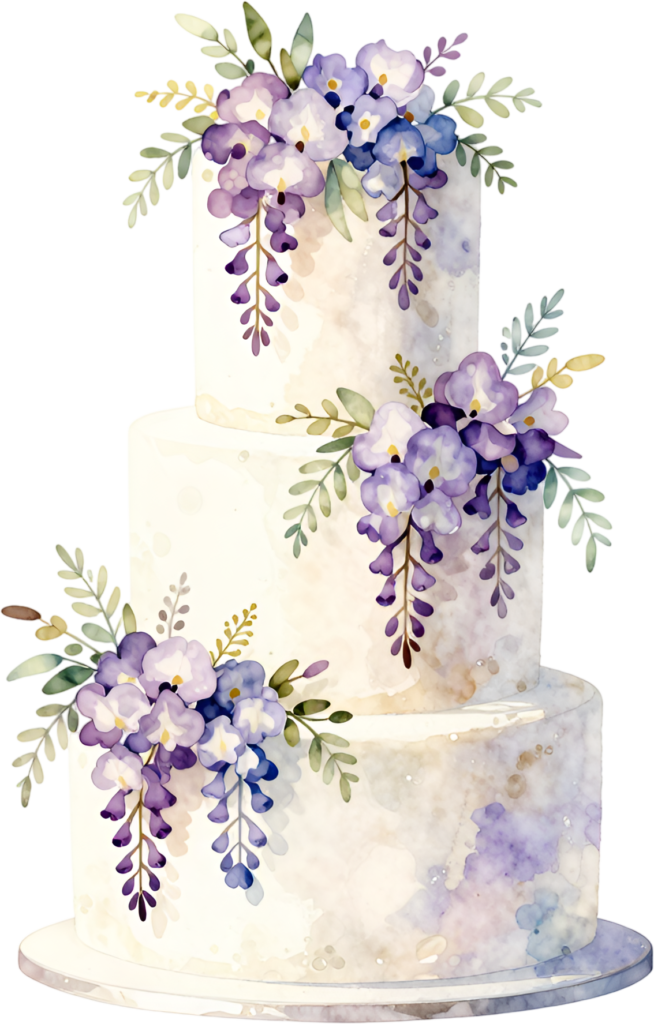 Wisteria three-tier wedding cake, an enchanting purple floral PNG clipart for romantic settings