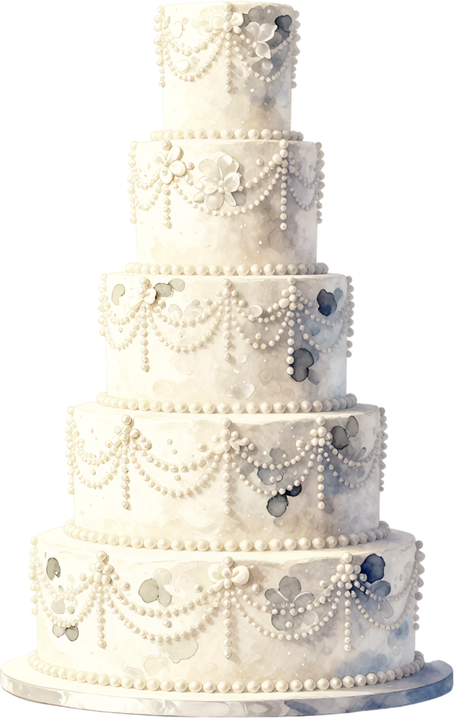 Pearl swag five-tier wedding cake, an intricate watercolor PNG clipart for classic bridal decor