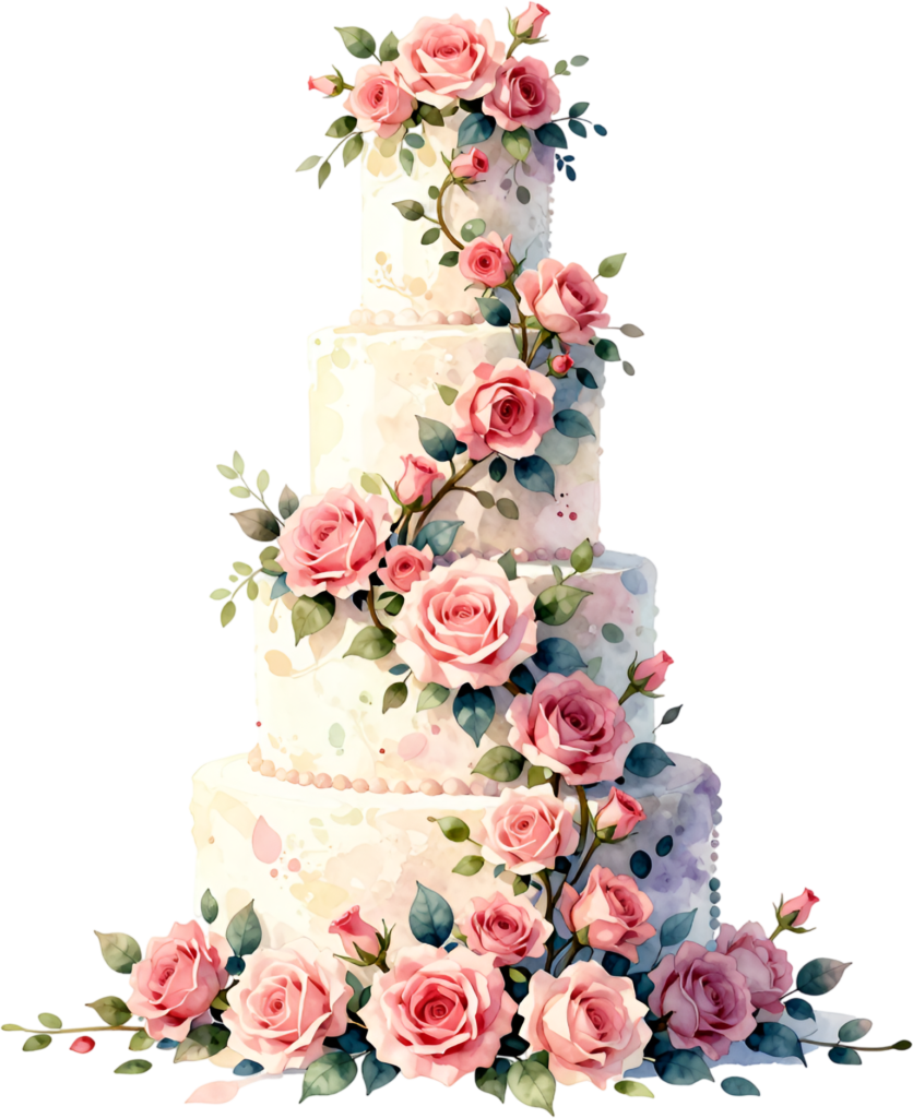 Rose vine four-tier wedding cake, a captivating pink floral PNG clipart for romantic celebrations