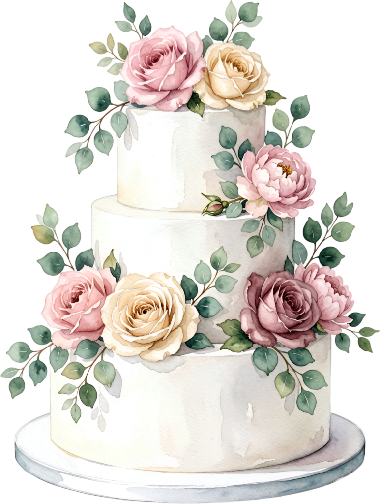 Peony and rose three-tier wedding cake, a gorgeous blush watercolor PNG clipart for elegant events