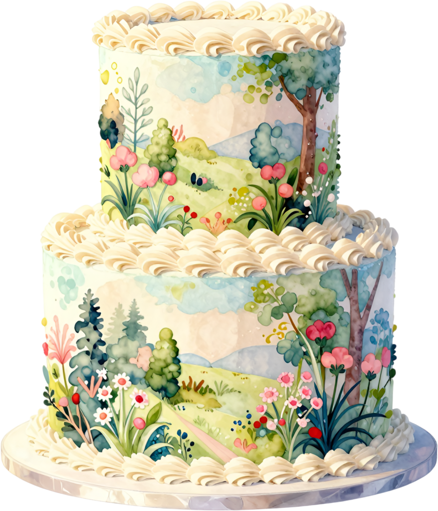 Landscape painted two-tier wedding cake, a whimsical watercolor PNG clipart for rustic themes