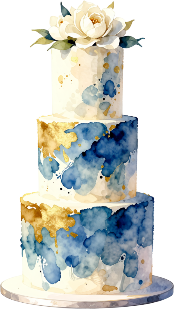 Blue abstract three-tier wedding cake with gold accents, a modern PNG clipart for stylish events