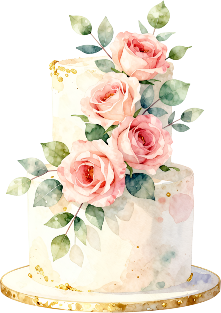 Two-tier pink rose wedding cake, a delightful gold speckled watercolor PNG clipart for romance