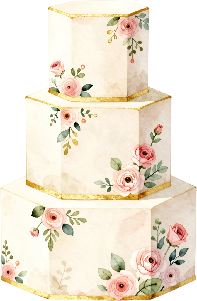 Hexagonal three-tier wedding cake with pink roses, a unique geometric PNG clipart design