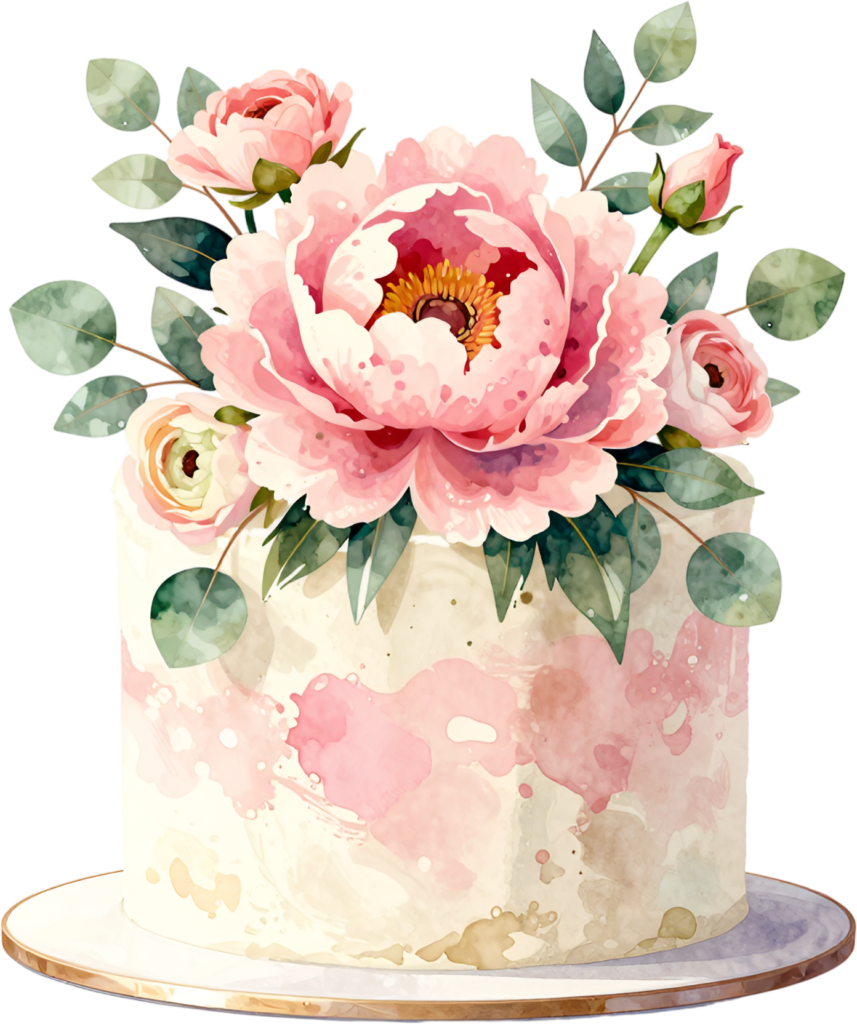 Peony and rose single-tier cake, a beautiful blush watercolor PNG clipart for birthdays