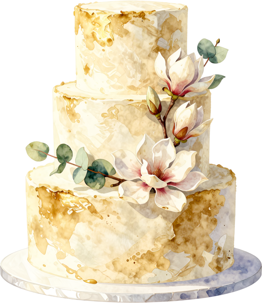 Magnolia three-tier wedding cake, a charming gold textured watercolor PNG clipart for elegance