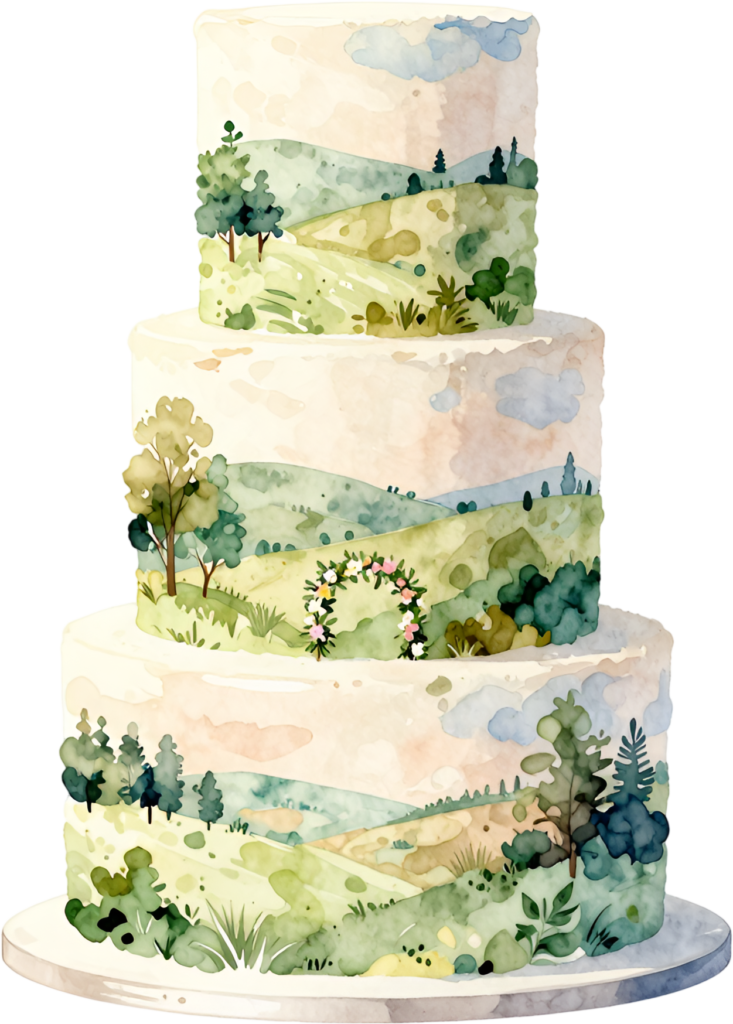 Scenic landscape three-tier wedding cake, a picturesque watercolor PNG clipart for outdoor themes