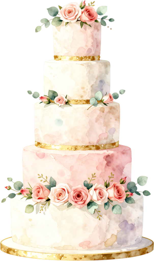 Ombre pink five-tier wedding cake with gold accents, a stylish watercolor PNG clipart for celebrations