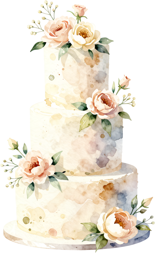 Peach rose three-tier wedding cake, a delicate watercolor PNG clipart for romantic events