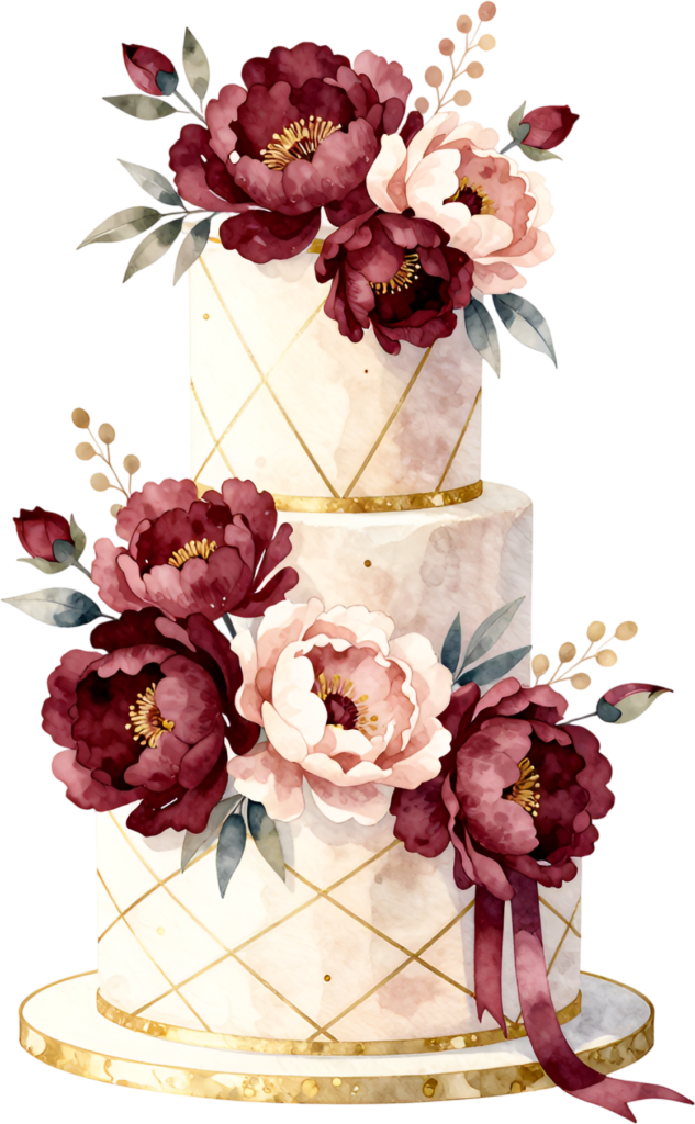 Burgundy peony three-tier wedding cake with gold grid, a lavish PNG clipart for sophisticated affairs