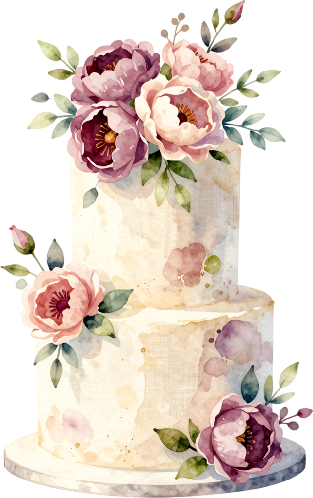 Peony two-tier wedding cake, a charming blush and purple watercolor PNG clipart for romantic projects
